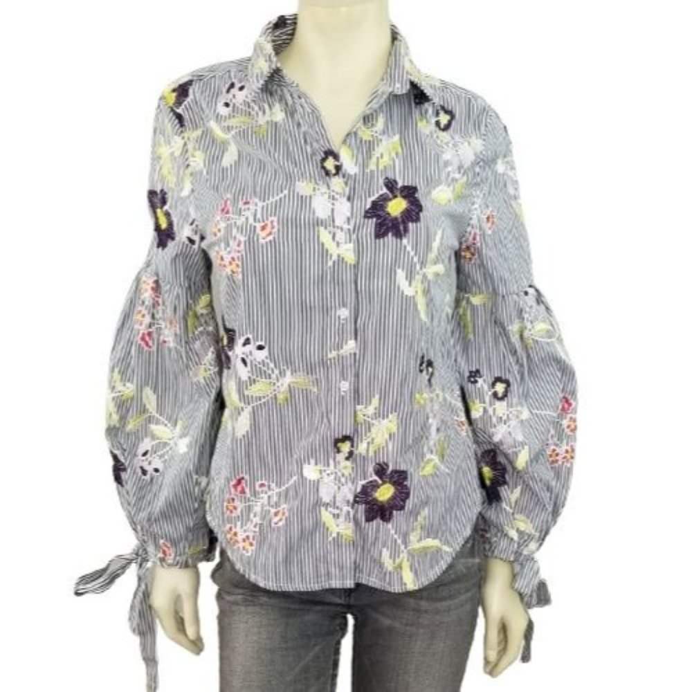 Nanette Lepore Striped Embroided Button-up Blouse Top M Balloon Sleeves